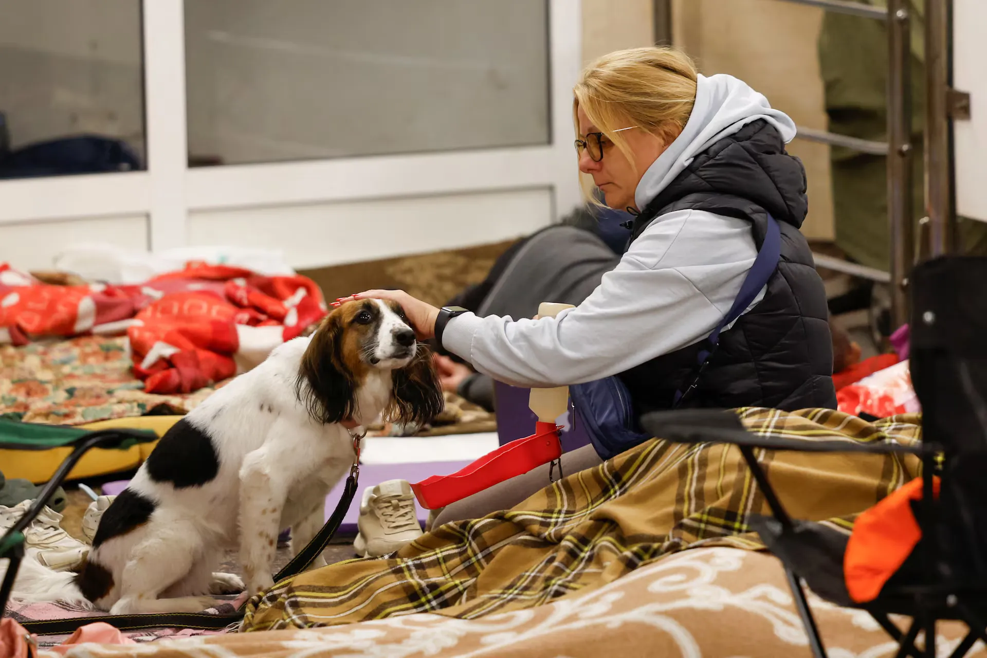 Жінка гладить собаку, ховаючись у метро під час російського військового удару в рамках нападу Росії на Україну, Київ, Україна, 29 червня 2025 року.